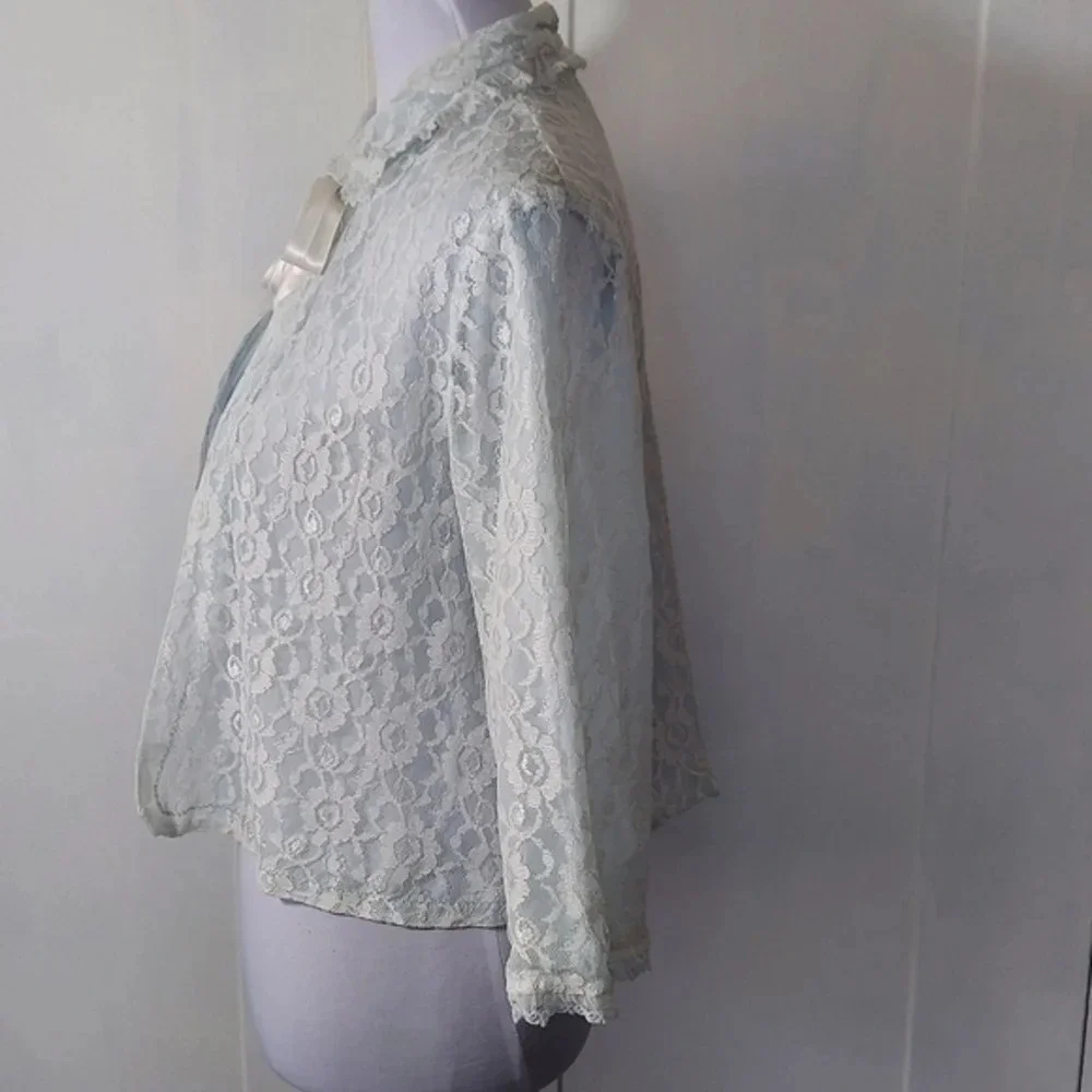 Baby Blue Lace‎ Open Front Bed Jacket white ribbon ties